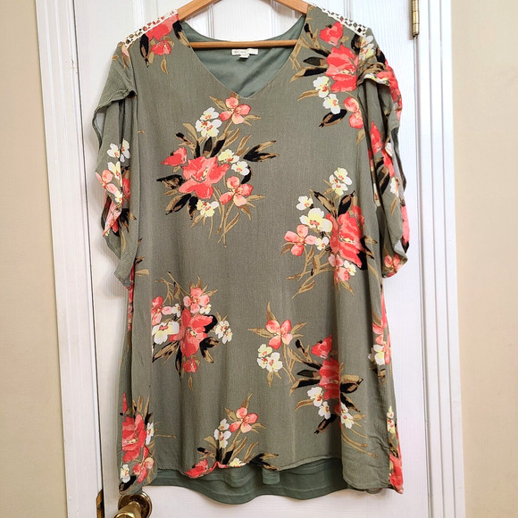 C EST 1946 Boho Floral Dress Gauzy Lined Flutter Sleeve Crochet Green Pink LARGE - Picture 1 of 12